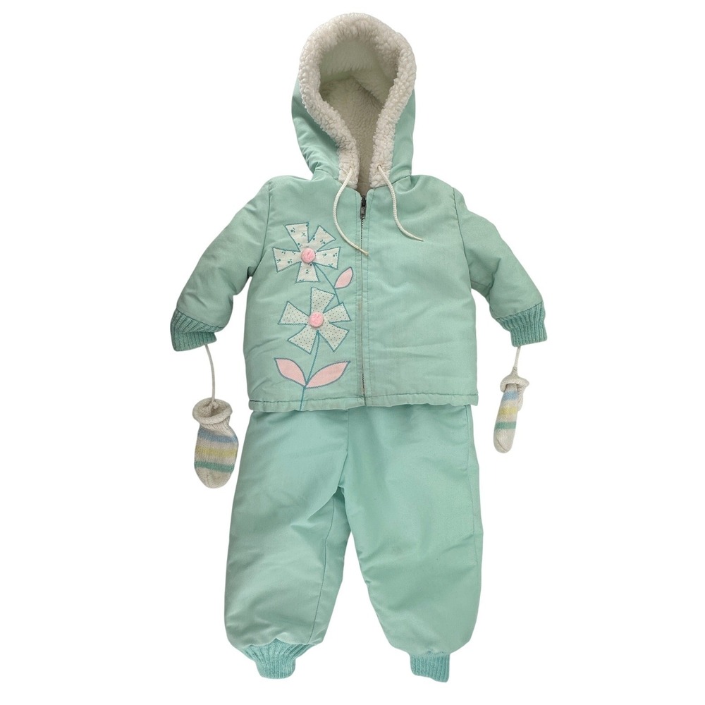 VTG Baby Girl Snowsuit Set Jacket Pants Sherpa Lined Size 2T Mittens Casual Time